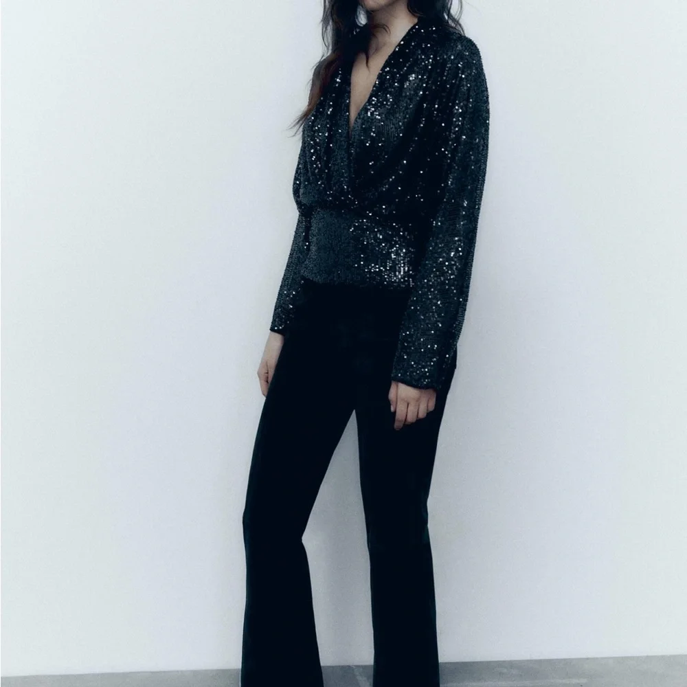 NWT Zara Draped Black Sequin Blouse - Picture 6 of 13